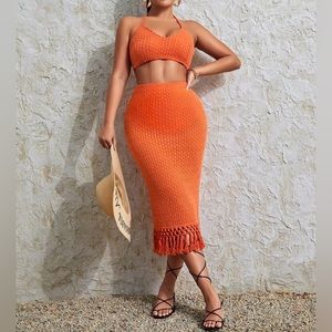 Solid Textured Crop Halter Top & Fringe Hem Skirt Set